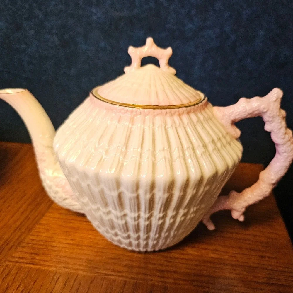 Belleek Ireland Neptune Teapot Pink Coral Handle Parian China Green Mark 0857